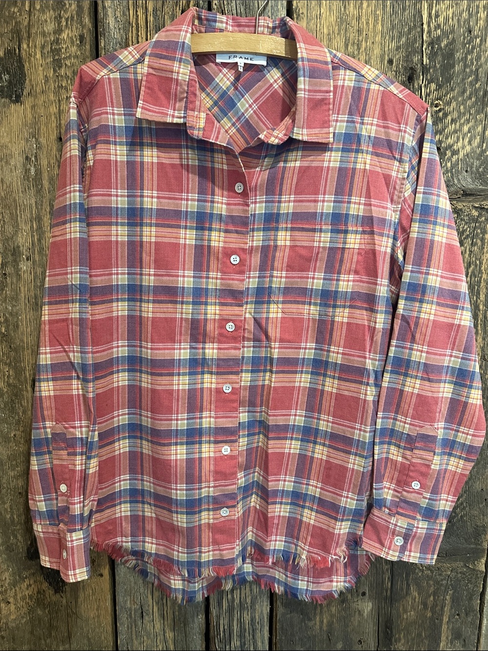 FRAME Faded Red/Pink Plaid Raw Hem Button-Down